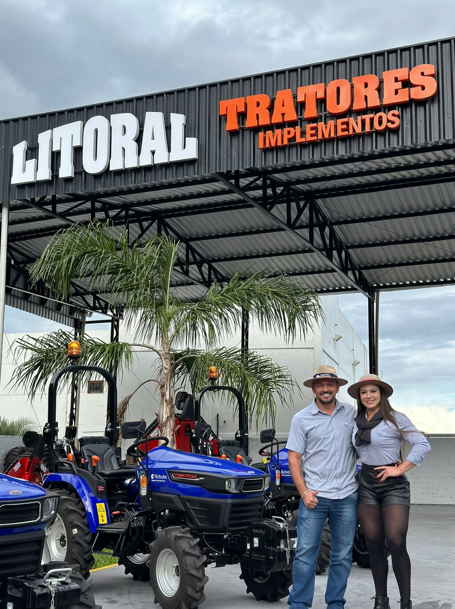 Fachada da Litoral Tratores com casal de proprietários